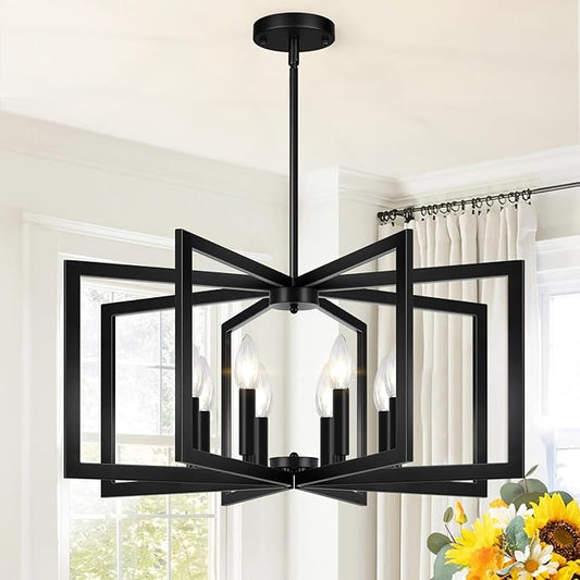 28" Modern Matte Black Chandelier for Dining Room, No Assembly Required Black Dining Room Light Fixture Over Table, Industrial Metal Hanging Pendant Lights Fixture for Kitchen Island, Entryway, Foyer