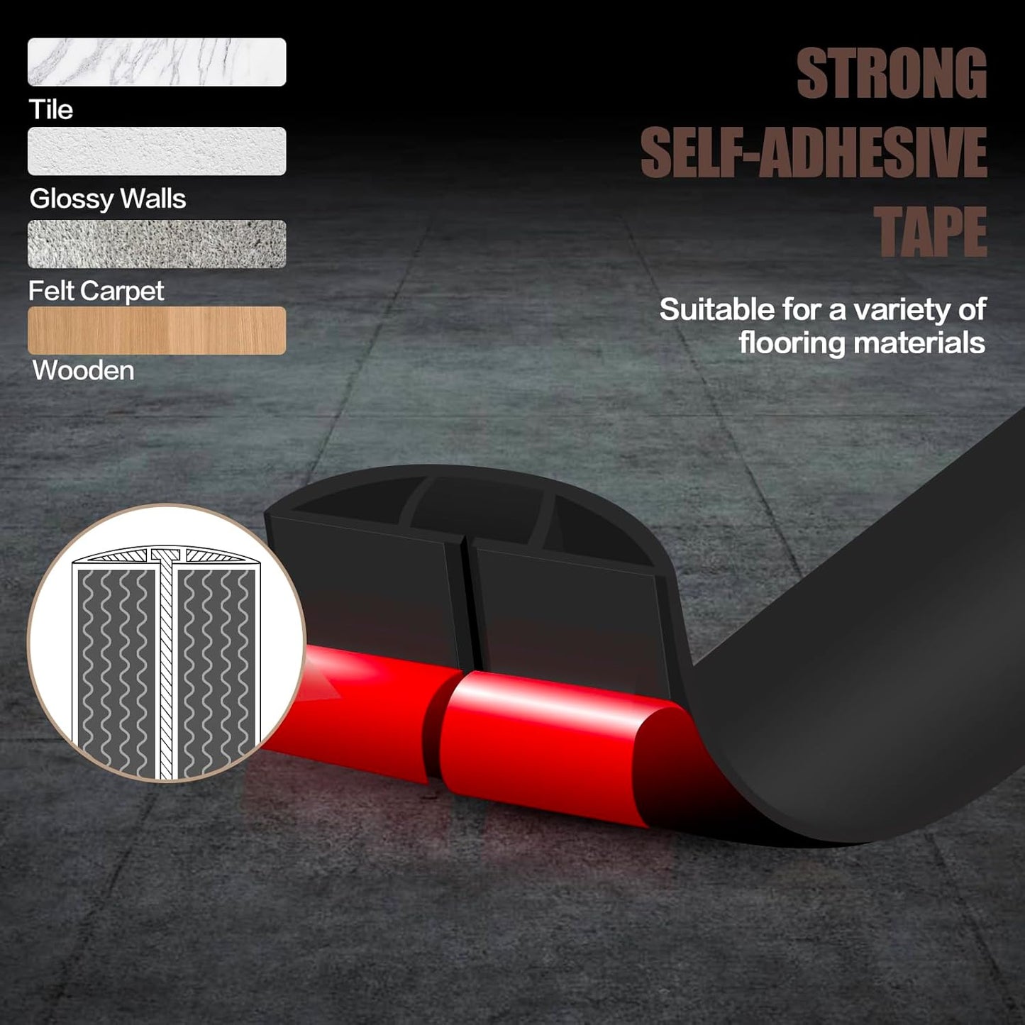 Floor Cord Cover Self Adhesive Cord Hider,10FT Cable Management, Extension Strip Protector for Wires, Prevent Cable Trips for Offices, Gyms, Exhibitions Cavity:0.3"(W) x 0.28"(H) Black