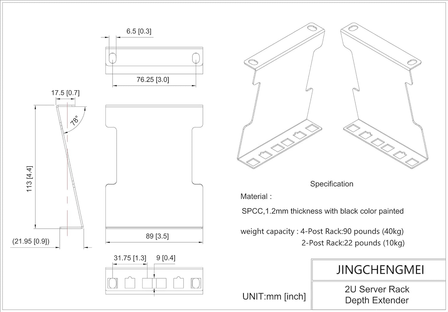 Jingchengmei 2U Server Rack Depth Extender - 4-Inch Deep -Recessed Rack Mount Adapter Kit for Network Rack (2UEXB)…