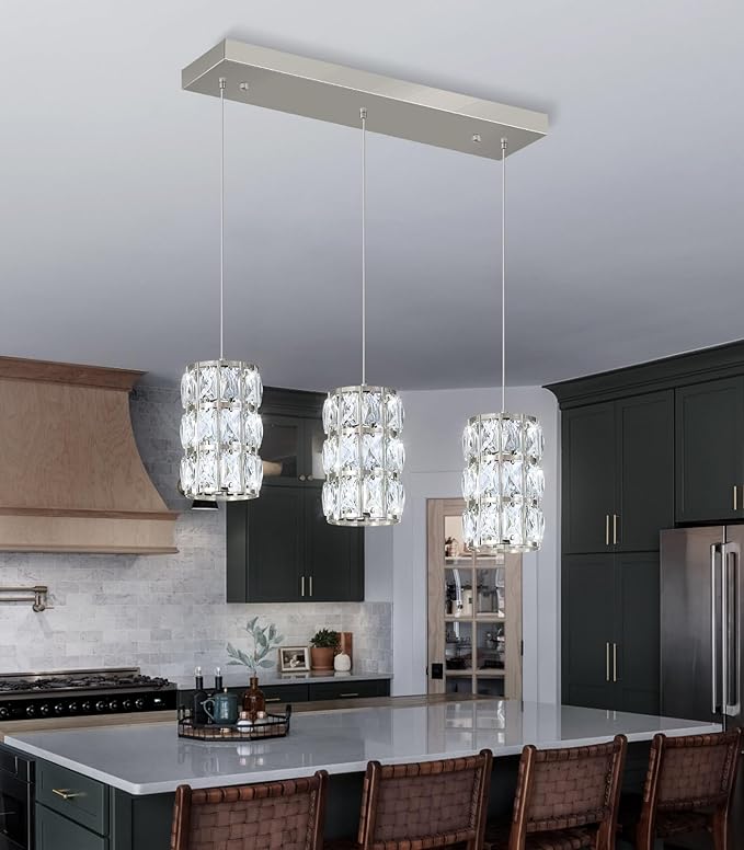 3-Lights Rectangle Modern Crystal Pendant Lights for Kitchen Island LED Dimmable Glam Pendant Lighting Chandelier for Dining Room Hallway Corner Lamp Nickel