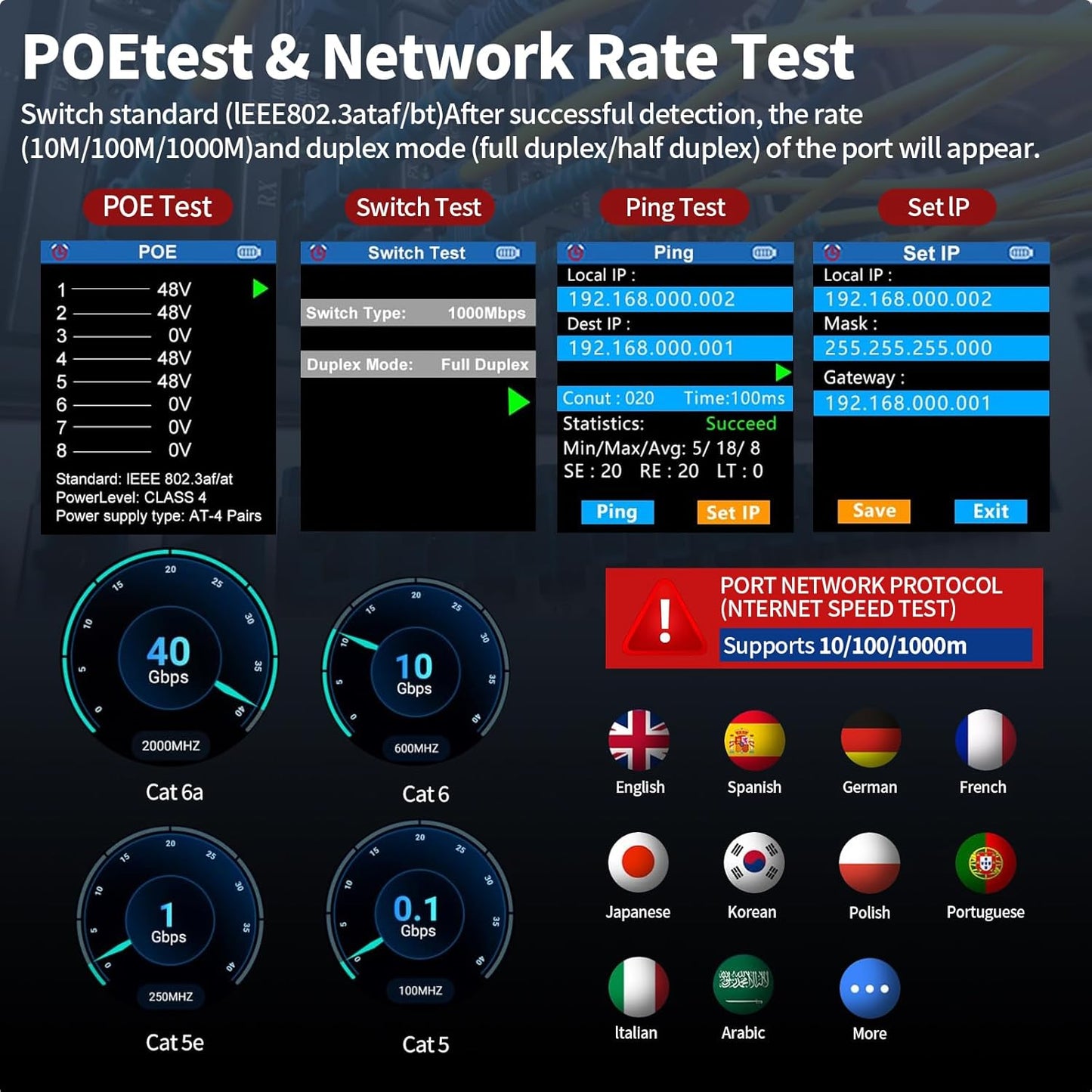 NOYAFA NF-8506 Network Cable Tester with IP Scan, TDR CAT5 CAT6 Ethernet Cable Tester, PoE PingTest, Network Rate Test, Port Flashing, Network Tester Cable Toner for RJ11 RJ45