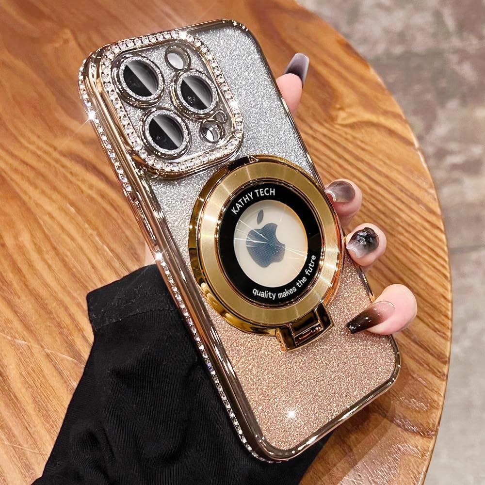 Magnetic Kickstand (Glitter Lens Protector ) Case for iPhone 15 14 13 12 Pro Max (Compatible with Magsafe ) Sparkling Diamond Cover Glitter Shiny Rhinestone Cases (Gold,for iPhone 15 Pro Max)