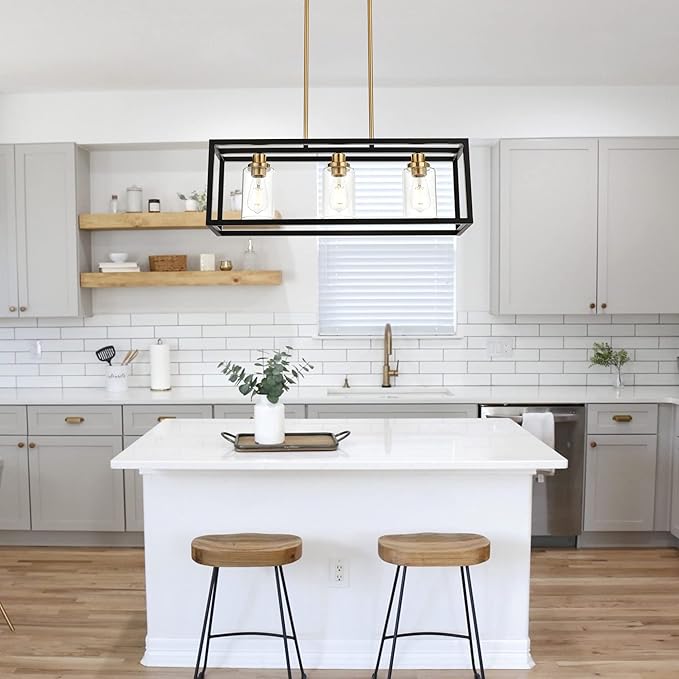 MELUCEE Dining Room Light, Island Lights for Kitchen Modern Chandeliers Rectangle Black 3 Lights, Linear Pendant Ceiling Lighting Fixture with Clear Glass Shade and Brass Socket, E26 Base