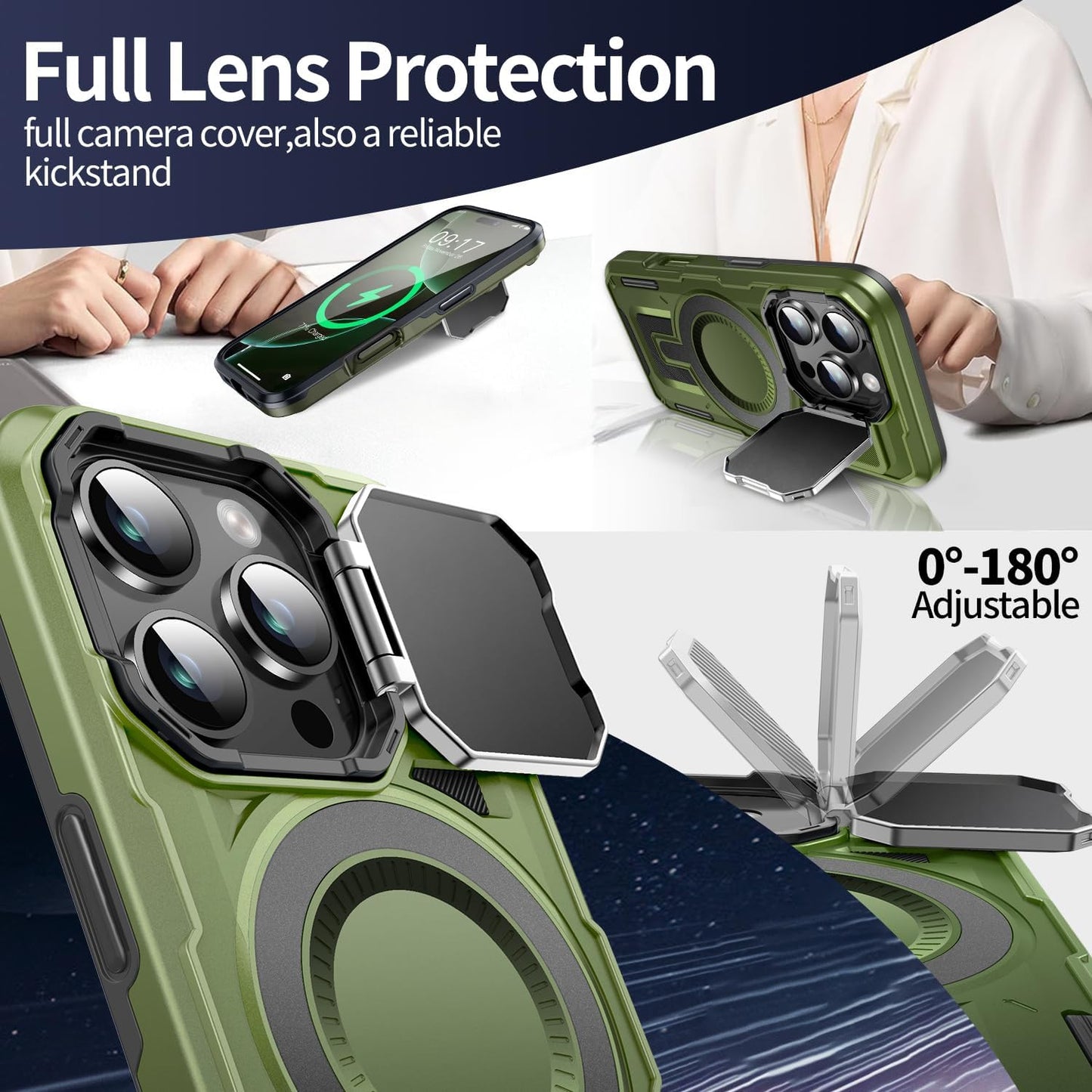 Camera Stand Case for iPhone 16 Pro Max, [Compatible with Mag Safe] [Lens Cover] 2024 Version Military Grade Protective Soft Case for iPhone 16 Pro Max 6.9 inch Men Women, Green