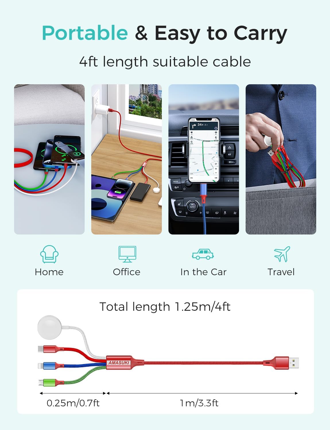 2Pack Travel Essentials Multi Charging Cable for Watch Charger 4 in 1 Fast Charger Camping Essentials USB C/L/Micro Compatible with Watch Series 10-1/SE/Ultra Phone 16 15/Galaxy Android-4FT/Red