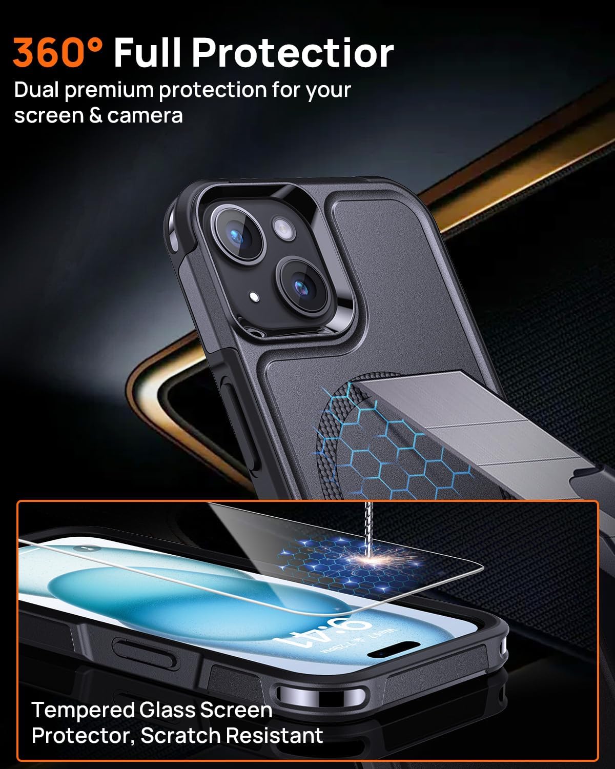 Lanhiem for iPhone 15 Case Magnetic, [2 Pack Tempered Glass Screen Protector][Compatible with MagSafe][10 FT Military Grade Shockproof] Heavy Duty Tough Rugged Phone Cover for iPhone 15 - Black