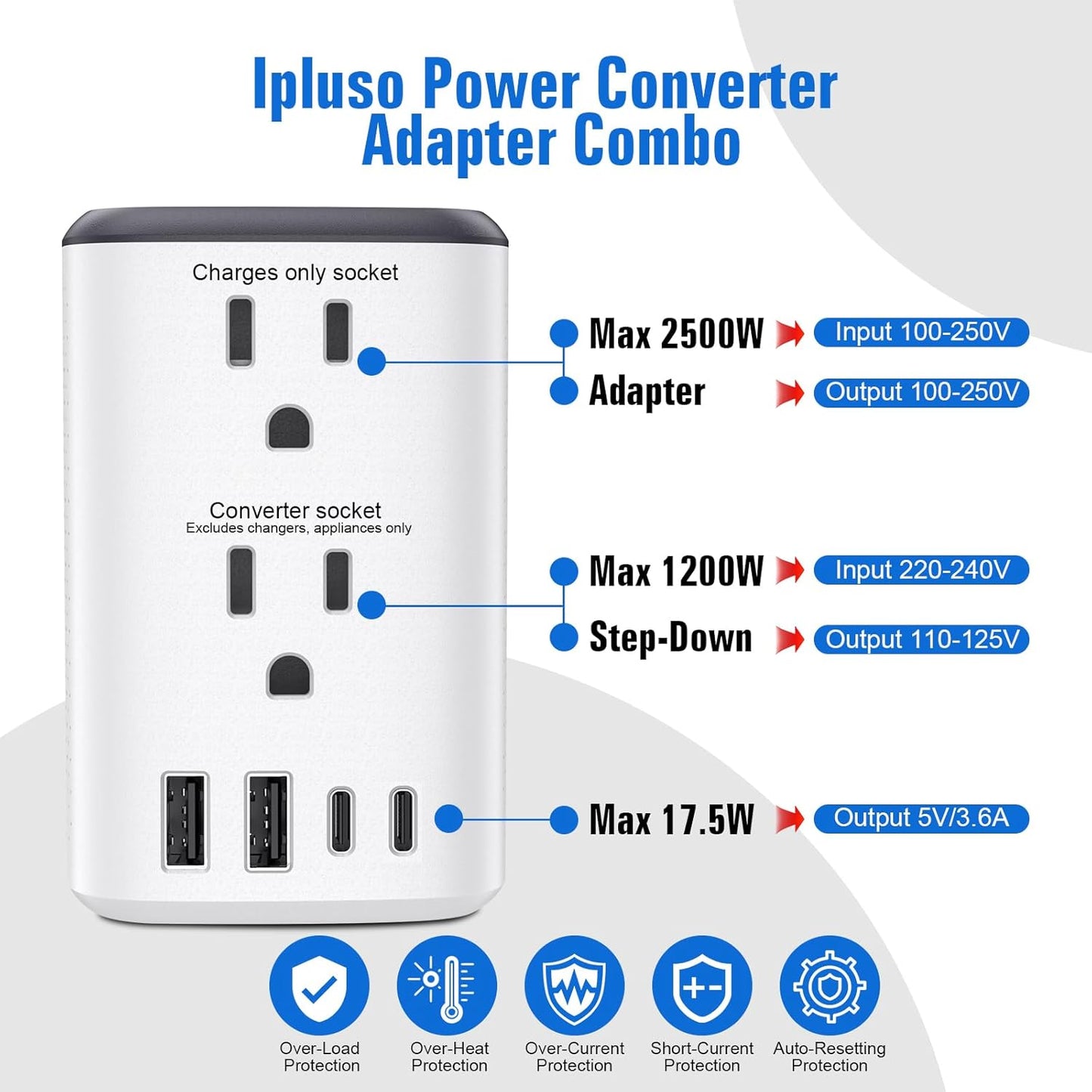 Voltage Converter Us to Europe, 220v to 110v Power Adapter, European Plug Power Converter 2500w, Transformer for Curly Hair Dryer, Travel Adapter Worldwide Step Down，