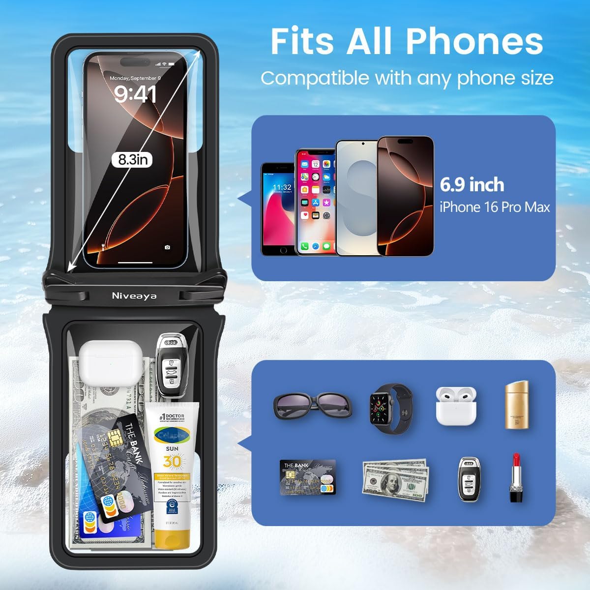 Niveaya Double Space Waterproof Phone Pouch - 2 Pack, Waterproof Phone Lanyard Case with iPhone 16/15/14/13/12 Pro Max up to 8.3", Phone Dry Bag for Vacation Beach Pool Kayak Cruise Travel Essentials