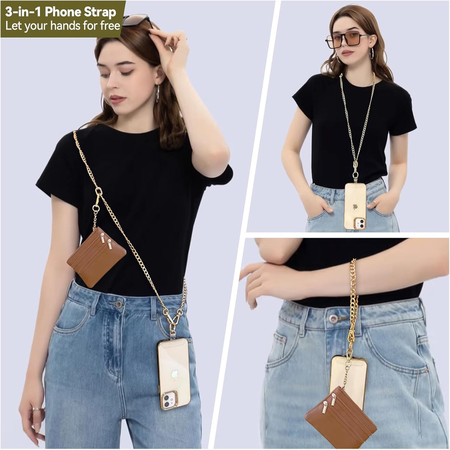 Clip and Go Strap for Phone Gold Metal Chain with Brown Purse Wallet Crossbody Phone Lanyard for Women with Cell Phone Stand Holder 2 Patches Tether Adjustable Anti Theft for iPhone 16 15 All Phones