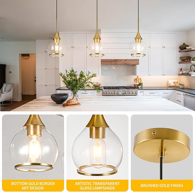 3 Pack Island Light for Kitchen, 1-Light Gold Kitchen Island Hanging Pendant Light, Brushed Gold Dining Room Light Fixture Over Table with Clear Round Glass Shades