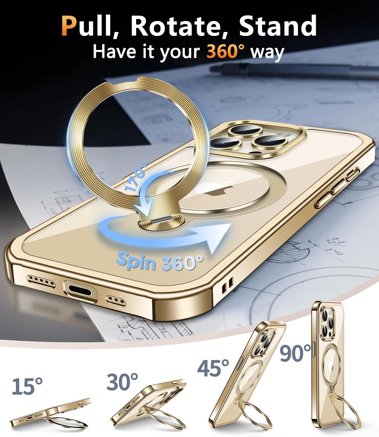 [360° Rotatable CD Stand & Built-in Privacy Screen Magnetic Case for iPhone 14 Pro [Compatible with MagSafe & Full Signal] Mil-Grade Shockproof Full Body Anti-Spy Cover for 14 Pro-Gold