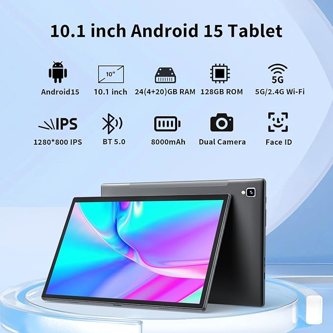 YOBANSE 2025 Tablet with Keyboard, 24GB RAM, 128GB ROM(2TB Expand), 10.1 inch Android 15 Tablet, 8000mAh Battery, BT 5.0, GMS Certified, 5G/2.4G WiFi, Tablets with Mouse, Case, Stylus-Black Case