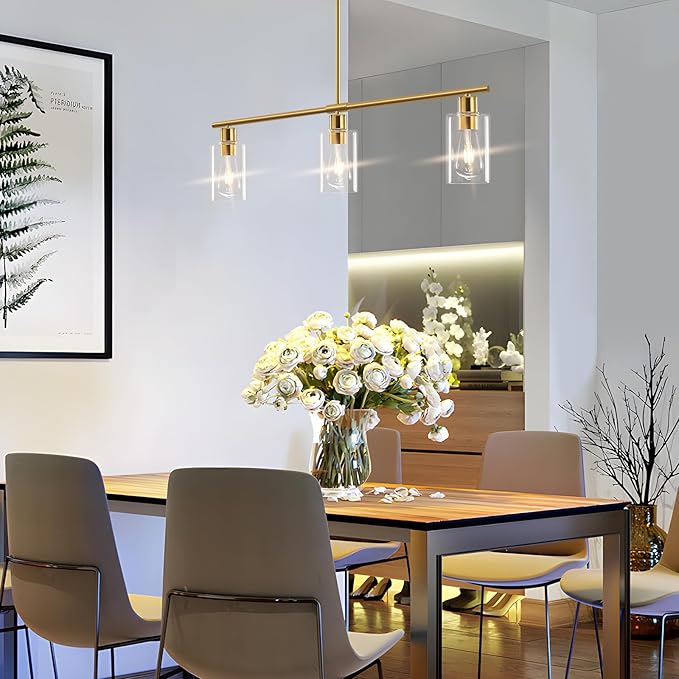 Kitchen Island Lighting, Linear Chandeliers Rectangle Pendant Light Fixtures for Dining Room Farmhouse Hanging Light with Glass Shades (Gold, 3 Lights)