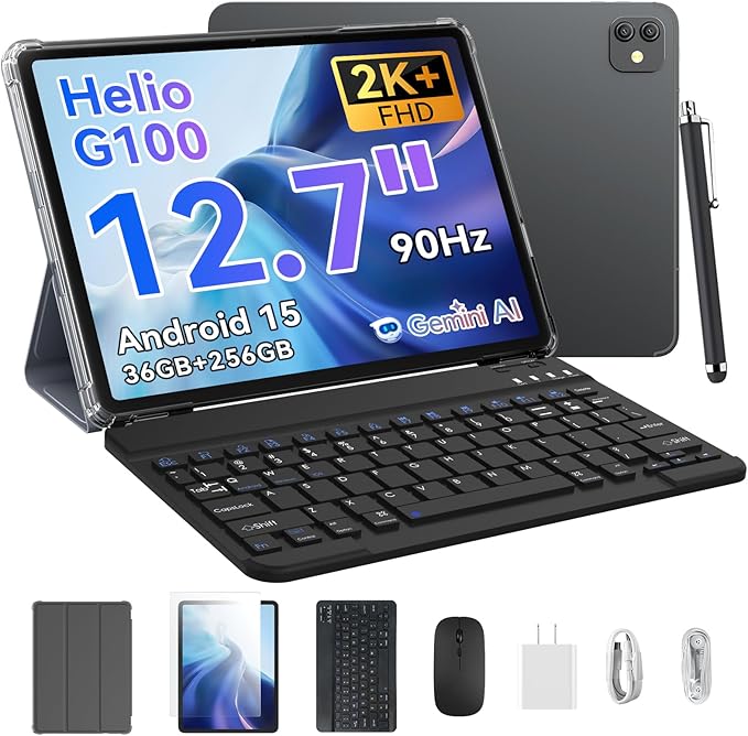 Blackview 13 inch Android 15 Tablet with Keyboard, 12.7 inch Large Screen Gaming Tablet with Pen, Helio G100,36GB+256GB, 90 Hz, 2K+, 3 AI Cameras, Widevine L1, 5G WiFi, GPS- Link 8