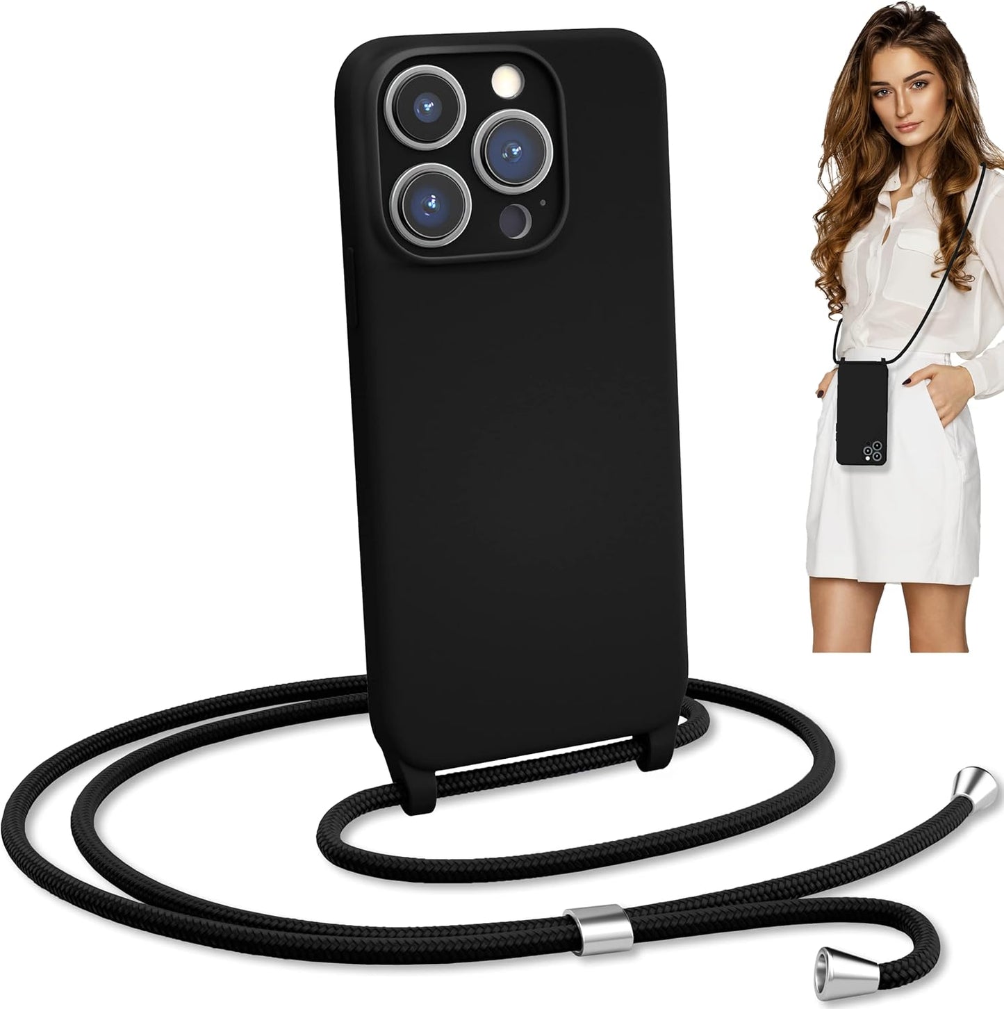 Blaspins Crossbody Lanyard Strap Case for iPhone 13 Pro, Neck Cross Body, Adjustable Holder Removable, Drop Protection Shockproof, Hands-Free Silicone Case 6.1 inch, 150 cm Strap, iP13Pro - Black