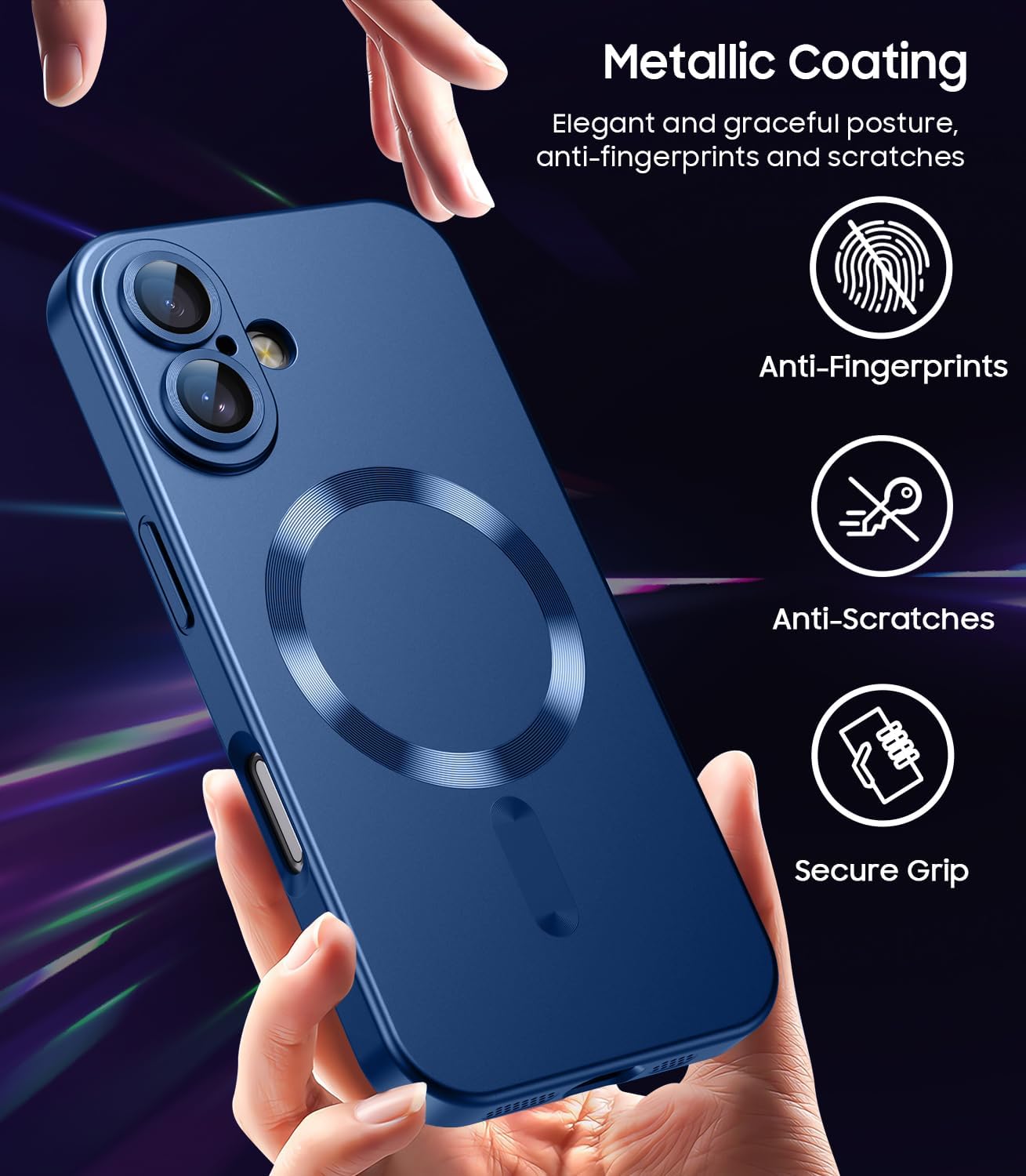 Magnetic for iPhone 16 Case [Compatible with MagSafe][Built-in Camera Lens Protector] Slim Soft Silicone Bumper Shockproof Metallic Luster Phone Case (Blue)