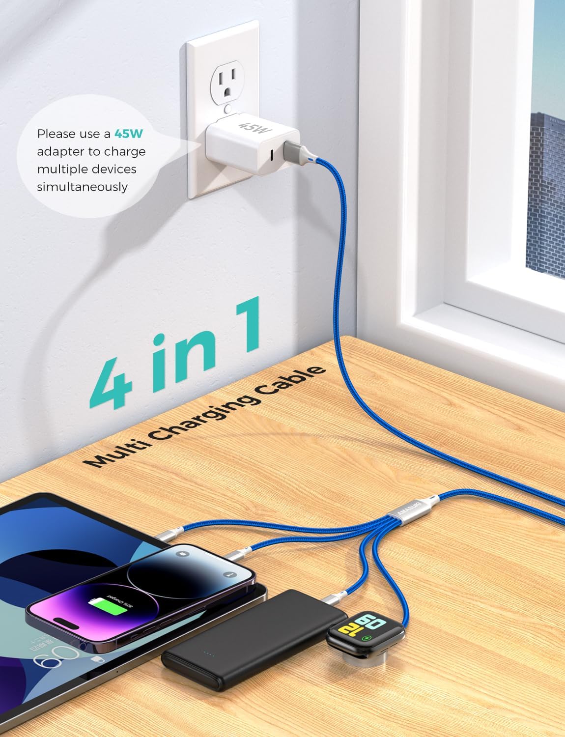 2Pack Travel Essentials Multi Charging Cable for Watch Charger 4 in 1 Fast Charger Camping Essentials USB C/L/Micro Compatible with Watch Series 10-1/SE/Ultra Phone 16 15/Galaxy Android-4FT/Blue