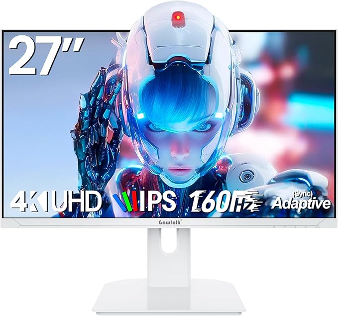 Gawfolk 27 Inch 4K Gaming Monitor 160Hz, White PC Computer Monitors UHD 3840 x 2160p, IPS Screen for Home & Office, Freesync, DP 1.4, HDMI 2.1, Eye Care, Wall Mount Compatible