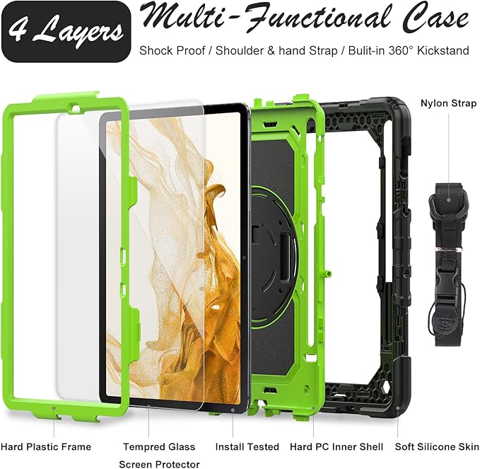 Case for Samsung Galaxy Tab S8/S7 11-inch 5G Tablet Case 2022/2020 [with Tempered Glass Screen Protector], 360° Rotating Kickstand/Hand & Shoulder Strap/S Pen Holder (Green)