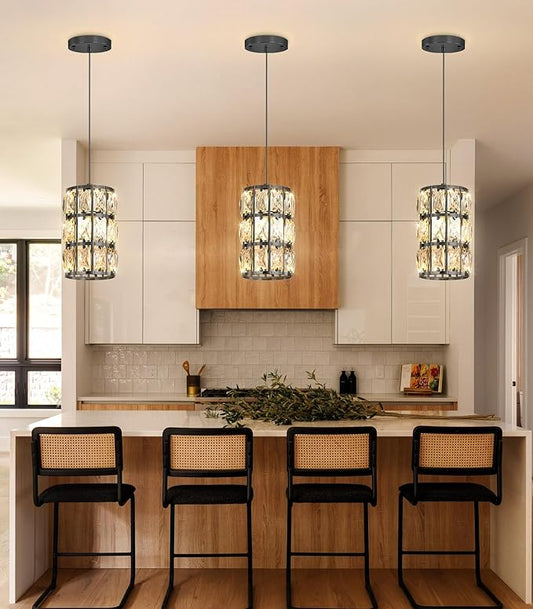 3 Pack Modern Crystal Pendant Lights for Kitchen Island LED Dimmable Glam Pendant Lighting Chandelier for Dining Room Hallway Corner Lamp Gold