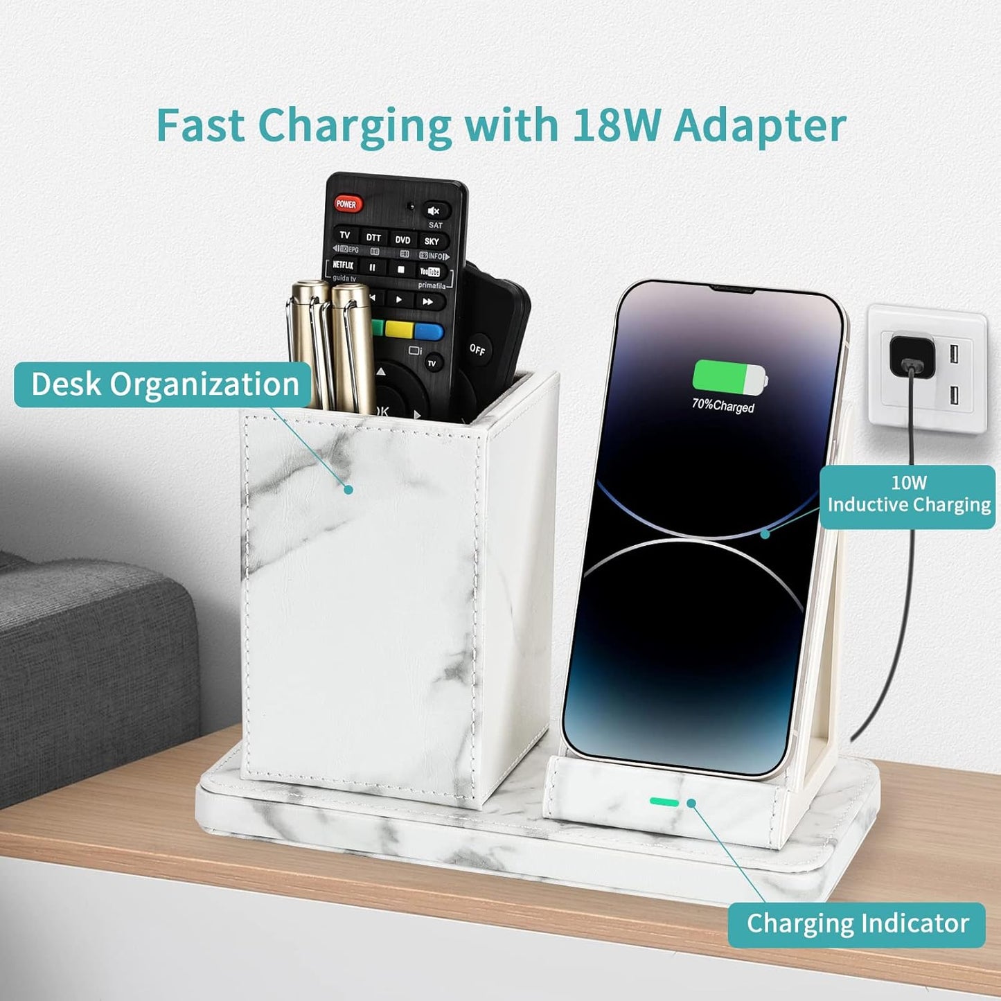 Wireless Charger with Desk Organizer, Wireless Charging Station for iPhone 13/13 Pro Max/13 Pro/12 Series/11/XS Max/XR/X/8Plus/SE 2, Wireless Charging Stand with Leather… (Marble)