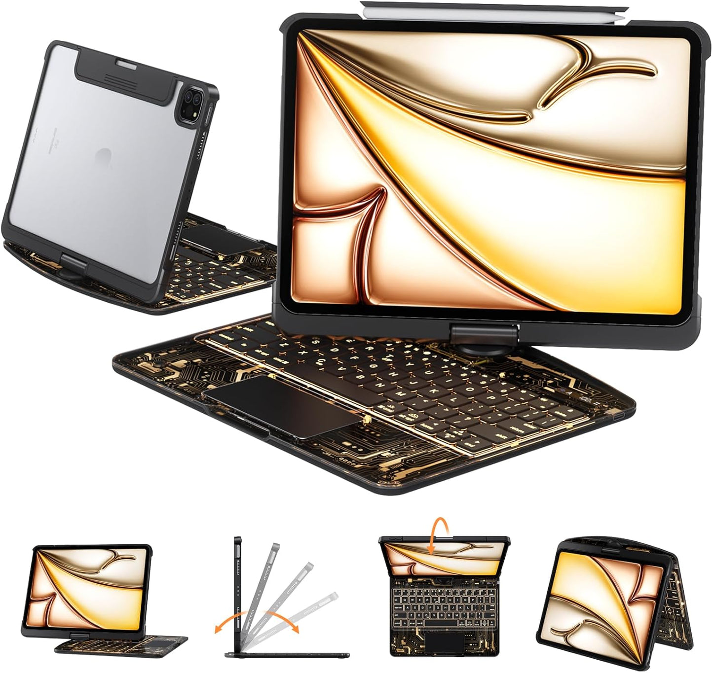 Transparent Case with Keyboard for 2024 iPad Pro 11-inch (M4),with 7-Color Backlit Wireless Keyboard, 360°Rotatable Protective Case Multi-Touch Trackpad,with Pencil Holder,with Shortcuts,Black