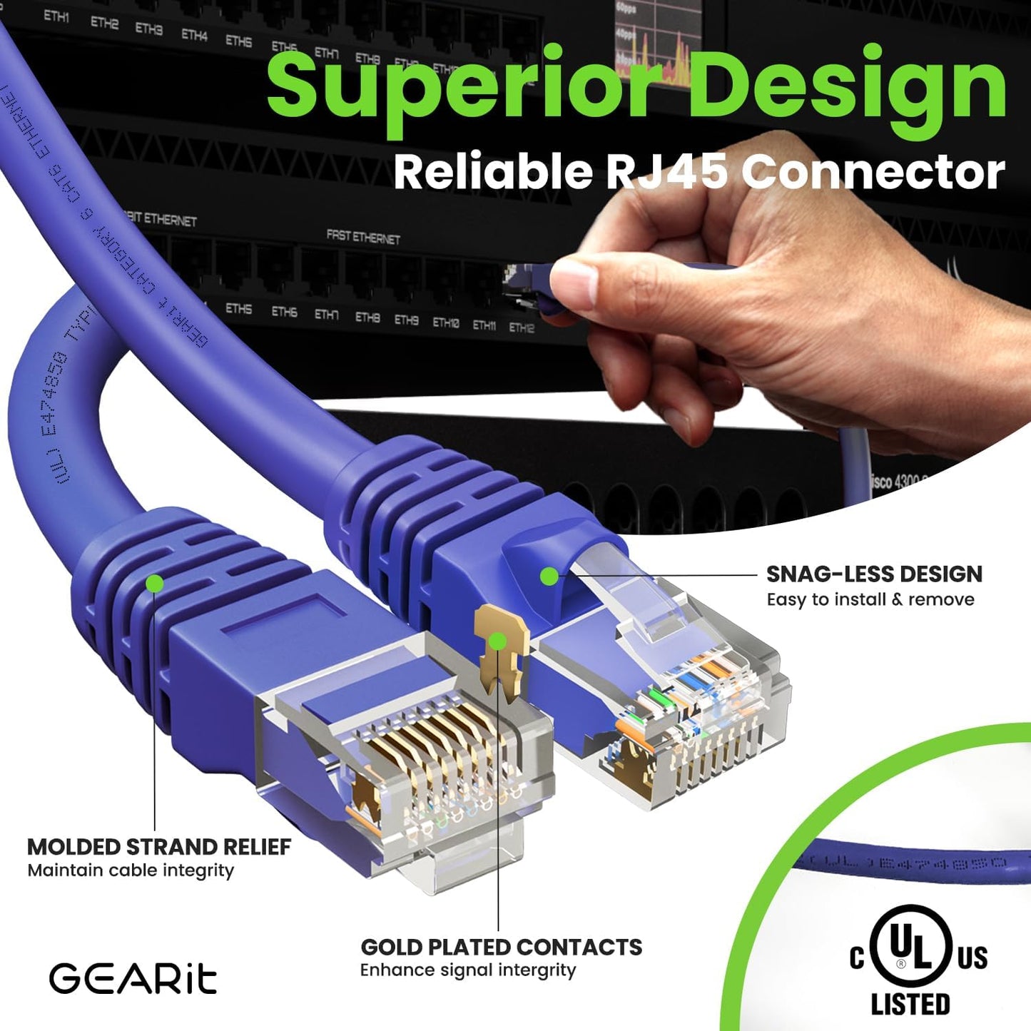 GearIT Cat 6 Ethernet Cable (10-Pack 7 Feet) Cat6 Network Patch, 10Gbps, RJ45, Snagless Cord, Gold-Plated Connectors, Internet for PC, TV, Tablet, Router, Printer, Servers, IT Data Center - Purple
