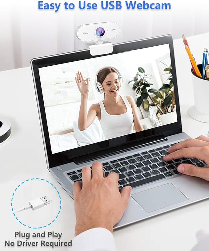 Webcam for pc with Microphone,Full HD 1080P White Streaming Web Cam for Mac Laptop, Mini USB C External Clip Computer Camera for Desktop,Cheap Facecam for Video Conference,Gaming Skype Meeting