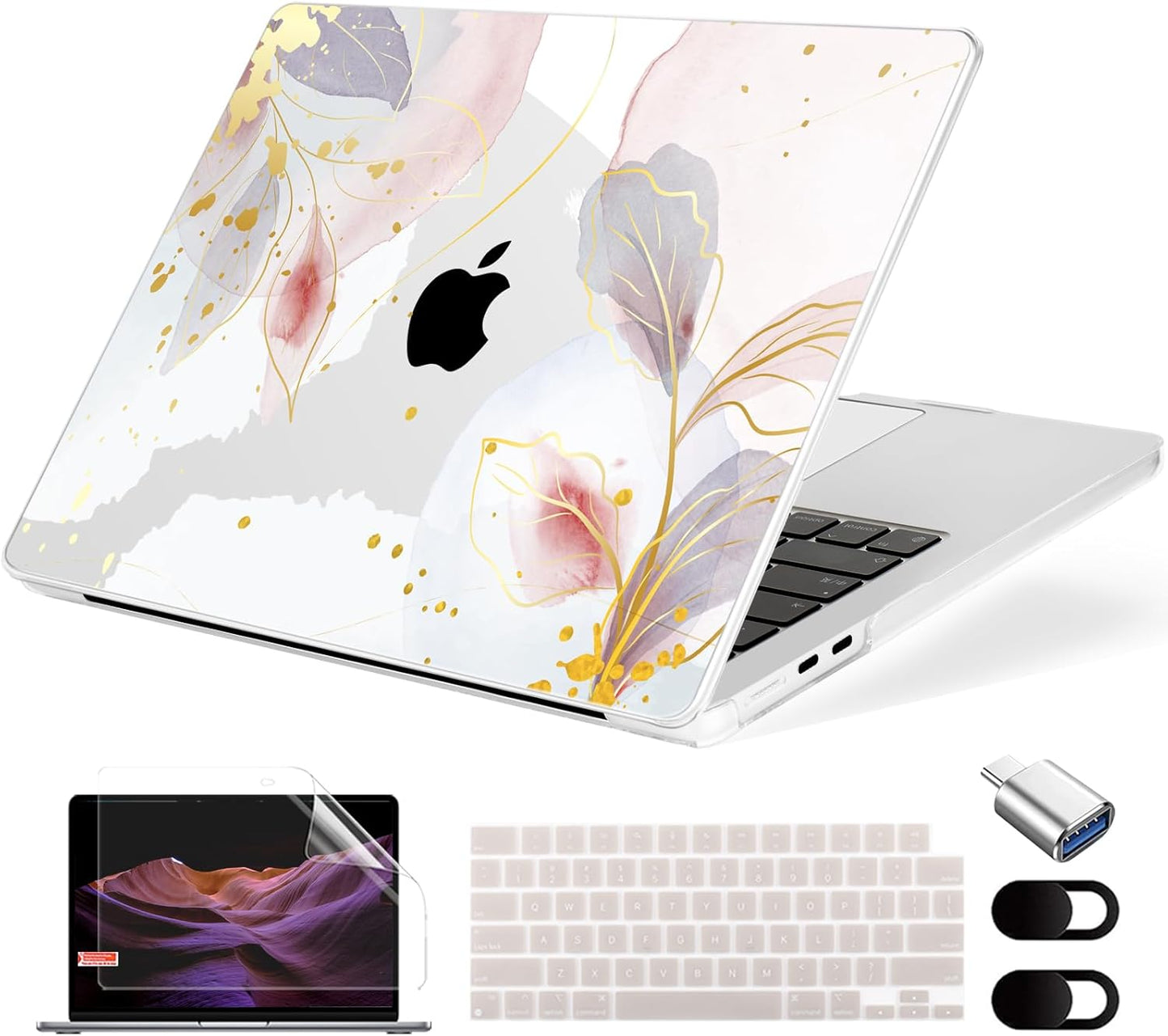 Compatible with MacBook Air 13.6 inch Case, M4 A3240/M3 A3113/M2 A2681 (Released 2025 to 2022), Hard Shell, Keyboard Cover, Screen Protector, Webcam Cover & Type-C Adapter, Vector Flower