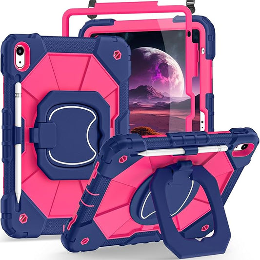 Case for iPad (A16) 11th Generation 11 Inch (2025)/iPad 10th Generation 10.9 Inch (2022),360° Rotating Stand i Pad Case 10th Generation with Screen Protector Pencil Holder,Navy Pink
