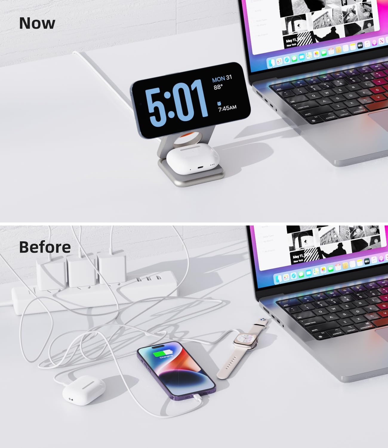 Foldable 3 in 1 Charging Station for Apple, X40 Aluminum Alloy Magnetic Wireless Charger, Portable Travel Charger for iPhone 16 15 14 13 12 Series, AirPods 3/2/Pro, iWatch-Titanium