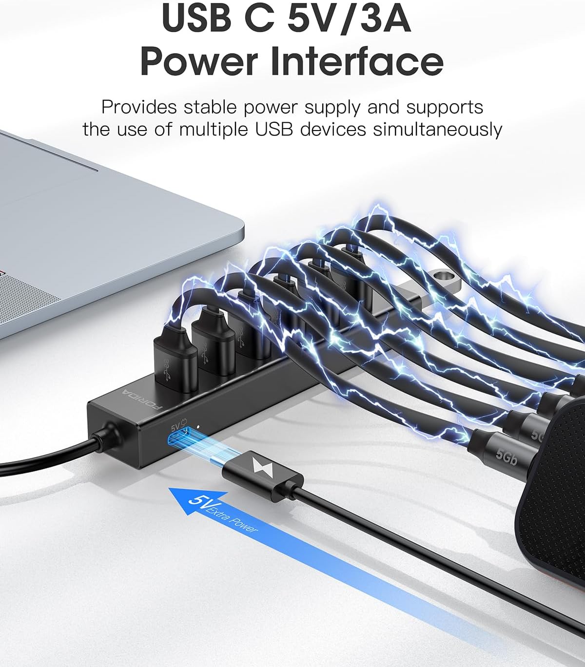 FORIDA Aluminum Alloy 8 Port USB Hub Long Cable USB Splitter with 7-USB3.0 Data Ports and TypeC 5V/3A Power Port Compatible with MacBook, Laptop,Surface Pro, PS5, PC and More (Black, USB A-47in)