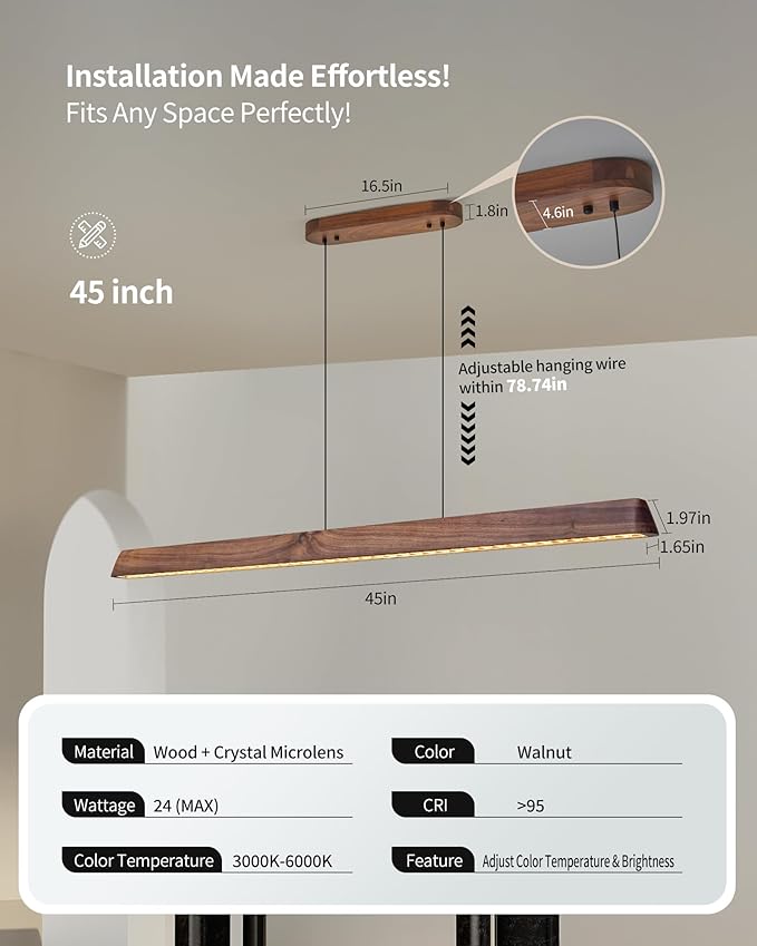 45" Wood Linear Pendant Light, Dimmable Kitchen Island Lighting with Remote, 30W LED Island Lights for Kitchen, Adjustable Linear Chandelier for Dinning Room Light Fixture, Bar, Pool Table - Walnut