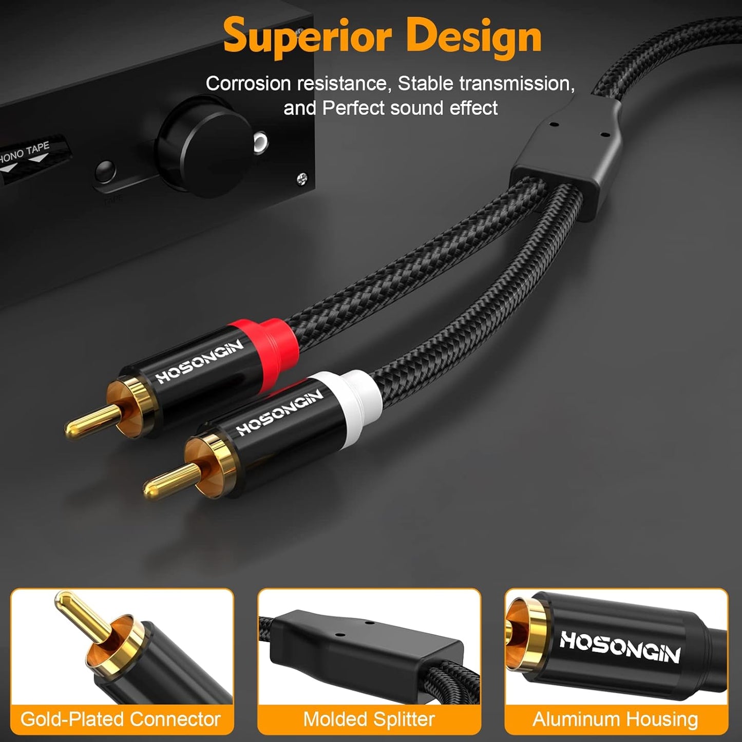HOSONGIN RCA Cables 6.6ft 2 Pack[Hi-Fi Sound, Nylon Braided, Shielded], 2-Male to 2-Male RCA Audio Stereo Subwoofer Cable Auxiliary Cord for Home Theater, HDTV, Amplifiers, Hi-Fi Systems, Speakers