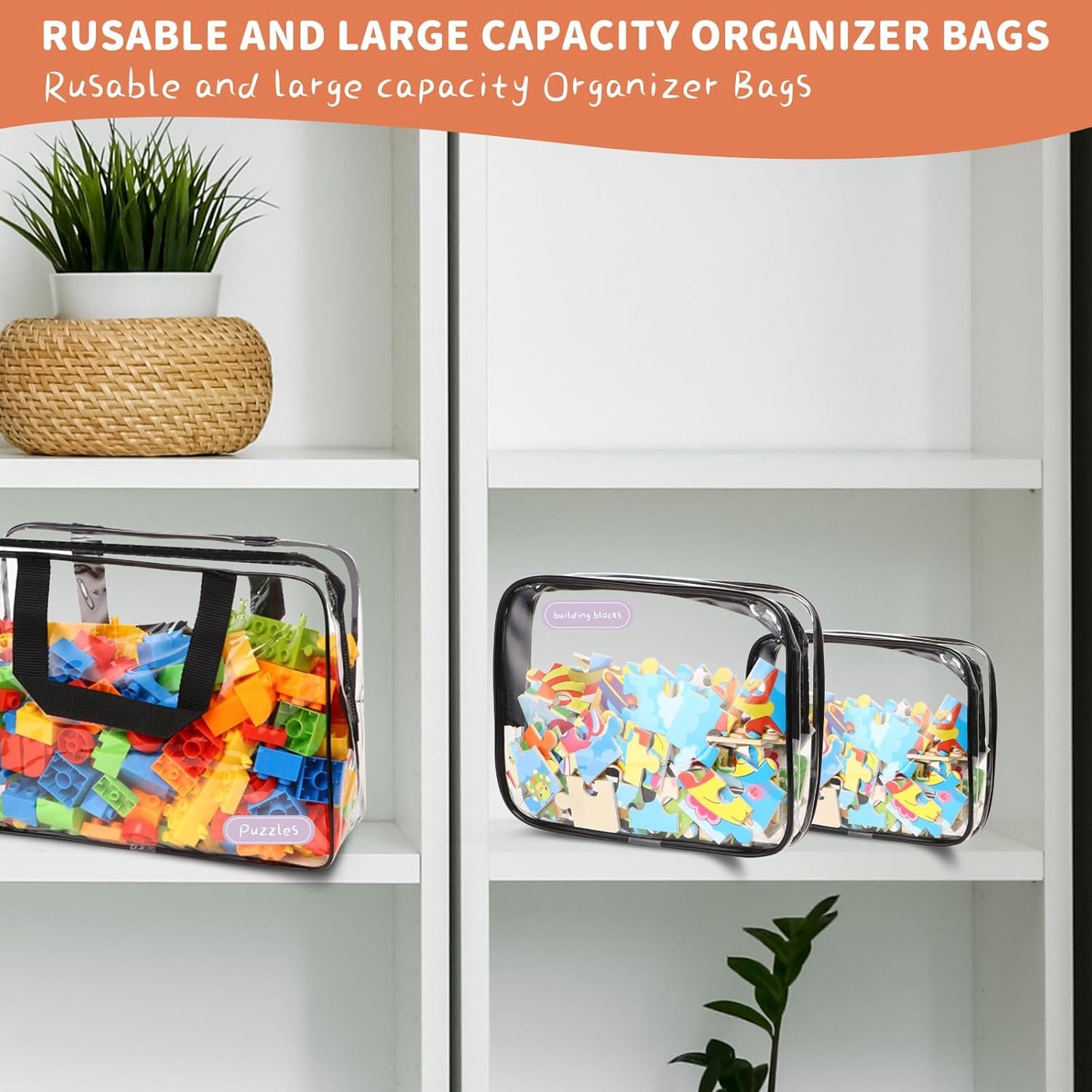 18 Packs Large Toy Storage Bags with Labels, Clear PVC Bags Travel Waterproof Kids Toy Organizer Bags with Zipper for Building Blocks Puzzle Kids Books (Black)