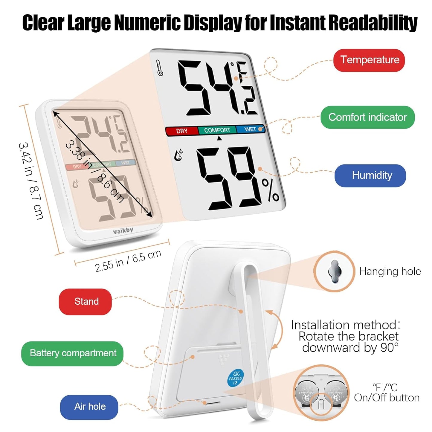 Vaikby Precision Hygrometer - Indoor Humidity Meter and Room Thermometer with Temperature Gauge, Digital Monitor for Home Comfort, Wall-Mounted or Tabletop, Energy-Efficient Sensor for Nursery & House