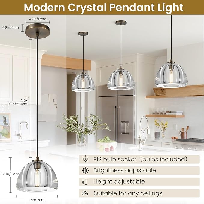 Aged Brass Crystal Pendant Light: 7" Dimmable Antique Copper Hanging Pendant Light Fixtures over Kitchen Island - Modern Luxury Bathroom Dining Room Brushed Pendants Lighting 3000k e12 Bulb Included