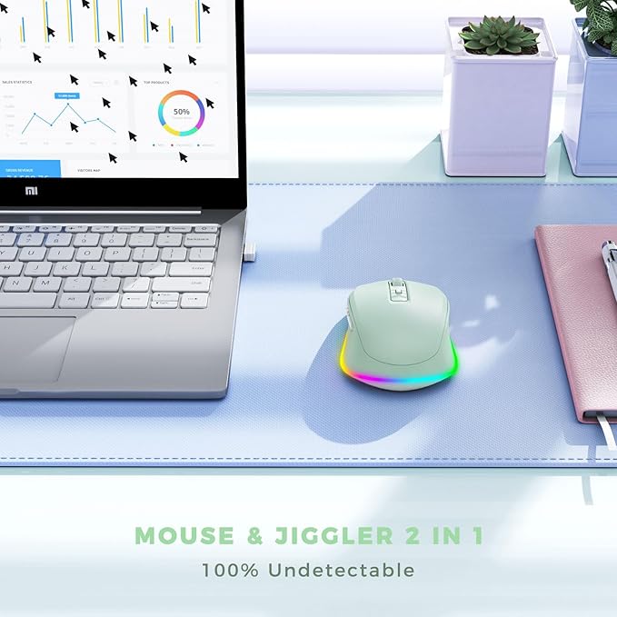 PEIOUS Wireless Mouse Jiggler - LED Wireless Mice with Build-in Mouse Mover, Rechargeable Moving Mouse for Laptop with Undetectable Random Movement Keeps Computers Awake-Light Green
