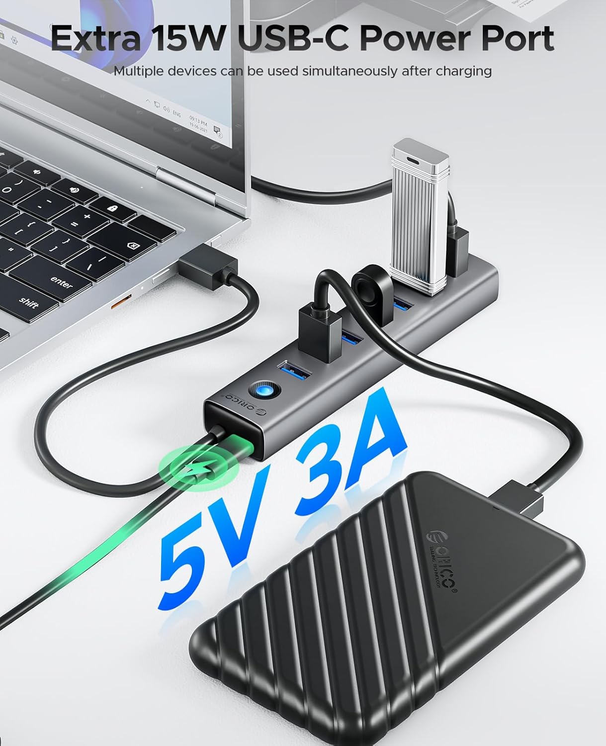 ORICO Aluminum 7-Port USB Hub with 1.64Ft Cable, Multiple USB 3.0 Hub, 5Gbps Data Transfer, 5V 3A Type-C Port, UBS-A Splitter for PC, Laptop, Desktop