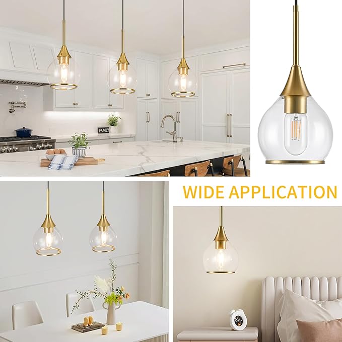 3 Pack Island Light for Kitchen, 1-Light Gold Kitchen Island Hanging Pendant Light, Brushed Gold Dining Room Light Fixture Over Table with Clear Round Glass Shades