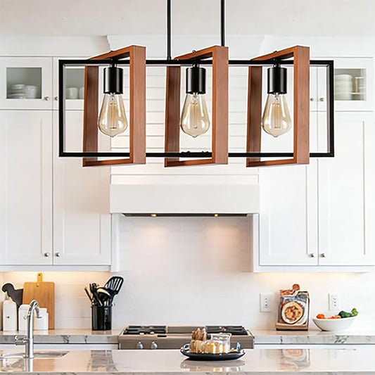 3-Light Island Lights for Kitchen, Rectangular Wood and Black Metal Kitchen Island Chandelier 23.6" Adjustable Rustic Modern Dining Room Light Fixtures Over Table, Chandeliers for Dining Room