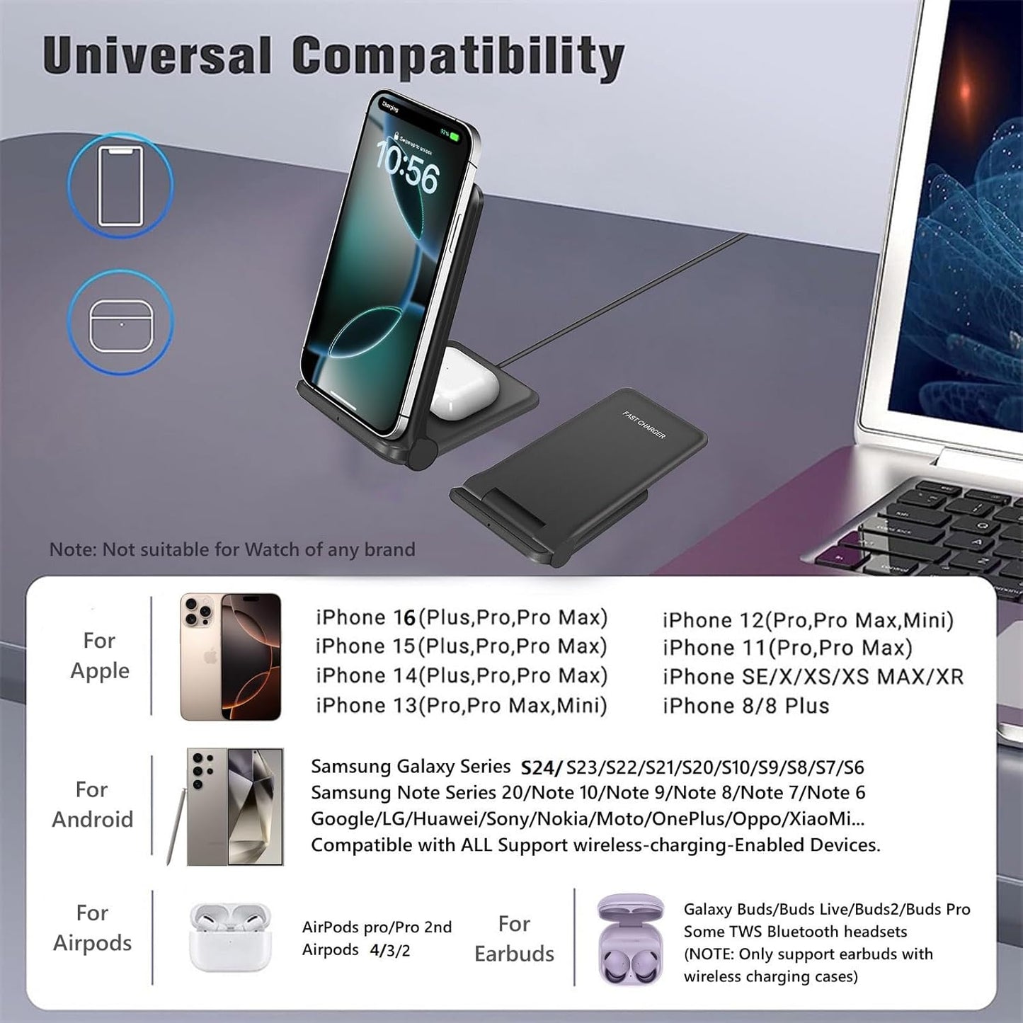 2 in 1 Wireless Charger,Foldable 20W Fast Wireless Charging Stand Compatible with iPhone 16/16 Pro/15/14/13/12/X/AirPods,Dual Phone Induction Charge Station for Samsung,Pixel,Xperia,LG(No Plug)
