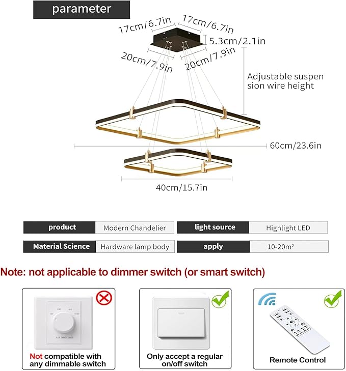 Siittoo Modern Black Chandelier Dining Room Light Fixture, 96W Dimmable LED Modern Pendant Light, 2-Ring Rectangular Chandelier Hanging Light Fixture for Kitchen Island Living Room Hall, Φ=24''+16''