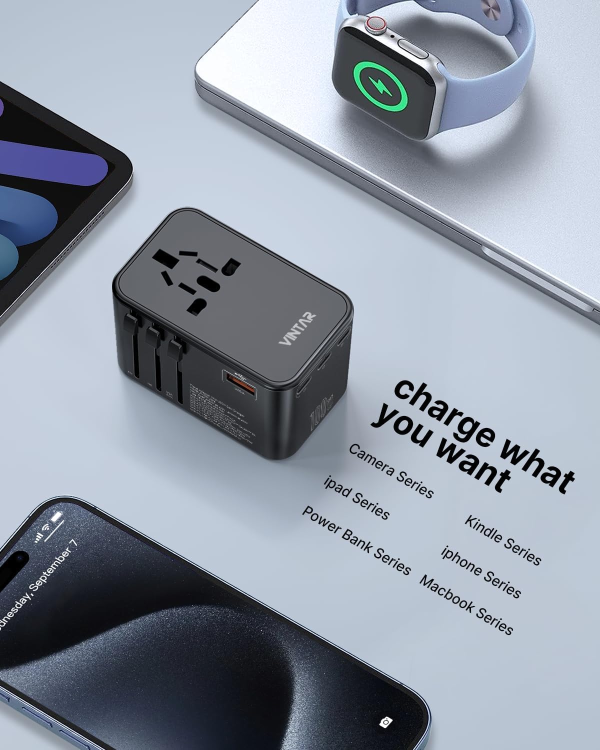 Universal Travel Adapter, VINTAR 100W GaN International Power Adapter with 3 USB-C PD Fast Charging and 2 USB-A QC, All-in-one Outlet Converter Charger for Europe UK USA AUS(Type C/G/A/I)