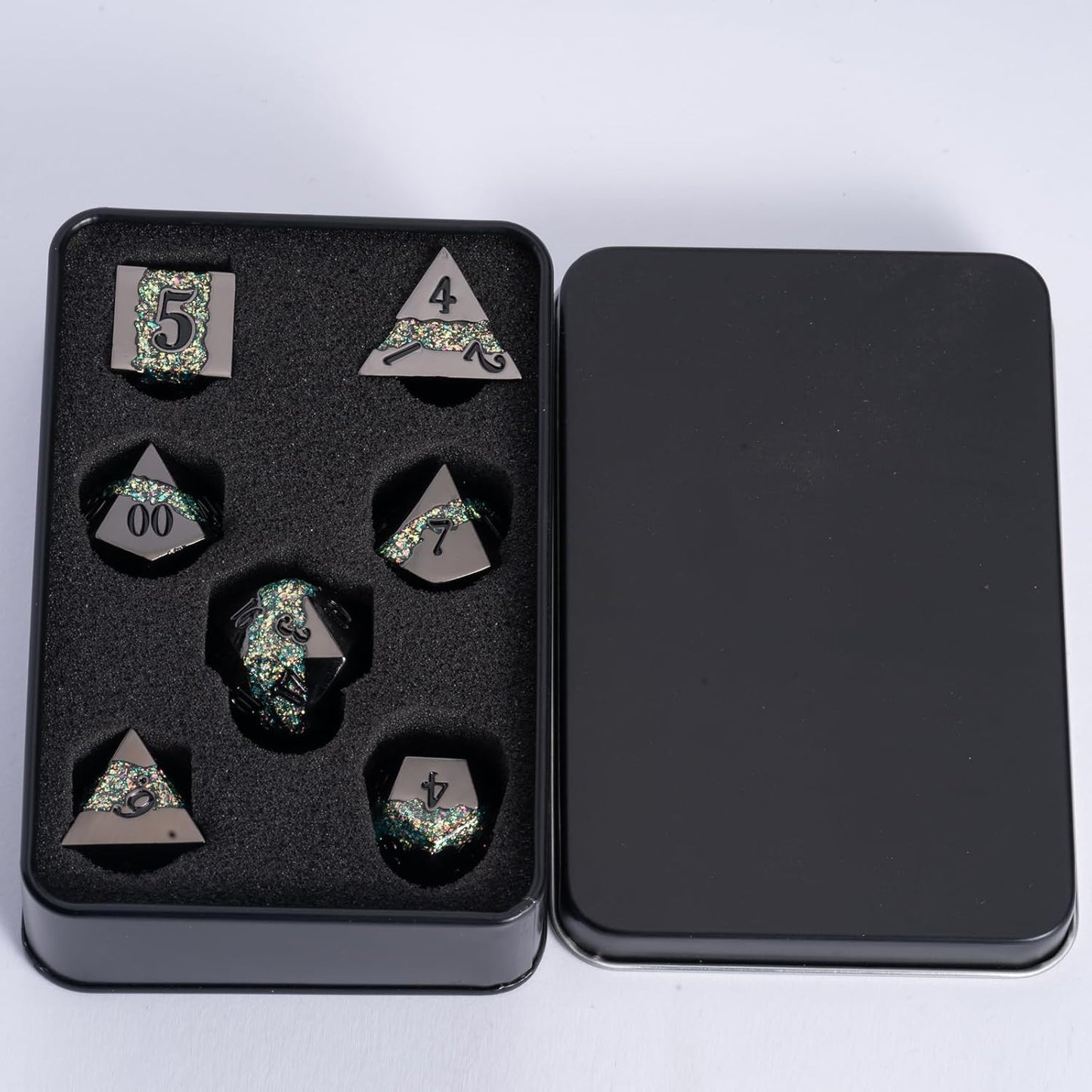 Black Glitter Metal Dice Set,Polyhedral Stripe DND Dice Set with Gift Box,RPG Solid Dungeons and Dragons Set 7pcs