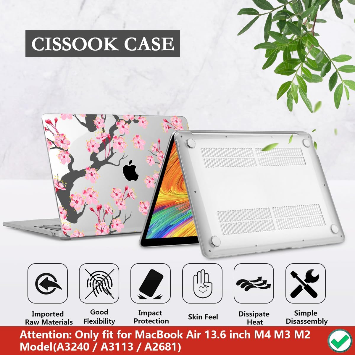 CISSOOK Compatible with MacBook Air 13.6 Inch Case A2681 A3113 A3240 2022-2025 Release, Hard Shell Case with Keyboard Cover for MacBook Air 13.6 M2 M3 M4 - Cherry Blossoms