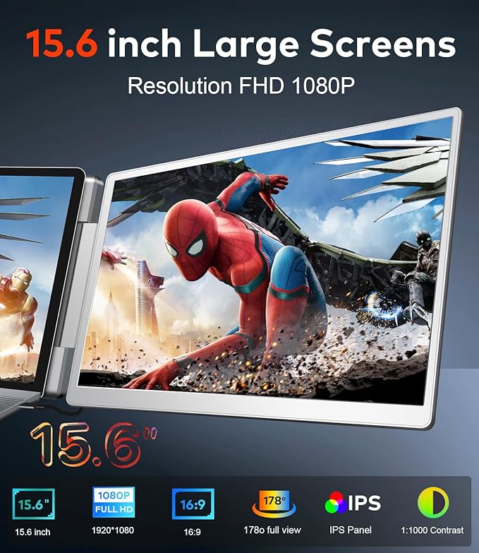 15.6" Laptop Screen Extender, Left Screen 360° Flip Triple Screen Monitor Extender, FHD 1080P IPS Portable Travel Monitor Display, fit for 12–18.5" Laptops, Compatible with Windows and MacBook-S10