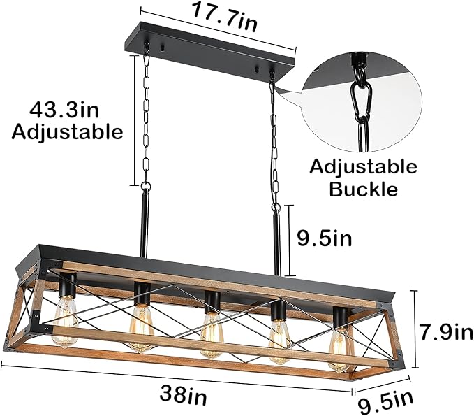 Airposta Farmhouse Rustic Wood Chandelier, 5 Lights Metal Rectangle Dining Room Swag Lighting, Kitchen Island Industrial Linear Cage Pendant Light Fixtures Hanging Lamp