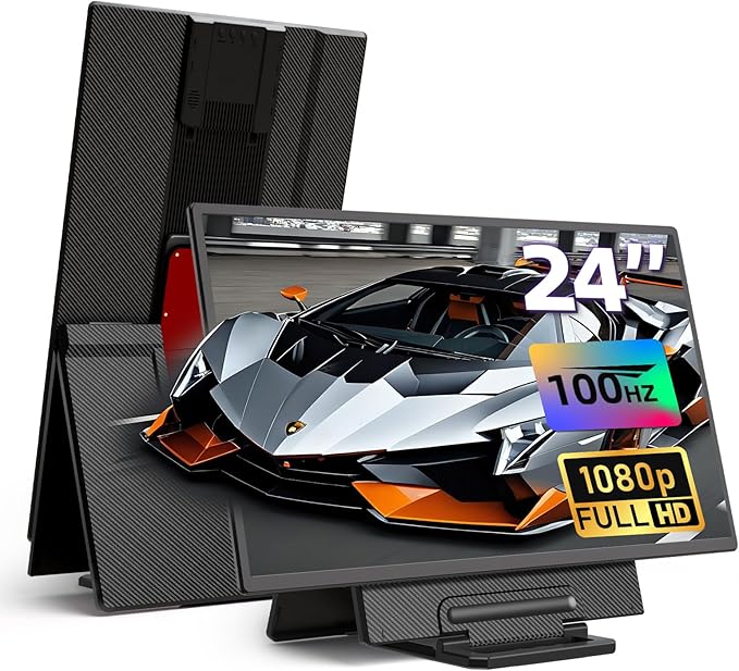Large Portable Monitor 24 inch - 1080P FHD 100Hz Travel Monitor, 125% sRGB IPS Laptop Screen Extender, VESA Compatible, Height Adjustable Detachable Stand with USB-C HDMI for Work Gaming Office Home