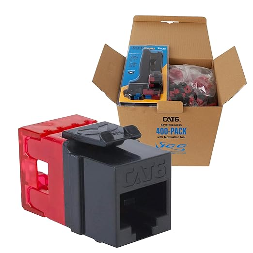 ICC CAT6 Keystone Jack with Slim Profile 180 Degree Punch Down, RJ45 UL Listed PoE++ TAA Compliant for Wall Plate or Patch Panel, Includes JackEasy Termination Tool, Black 400 Pack